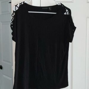 Tahari Black Cold-Shoulder Lattice Knit Tee
